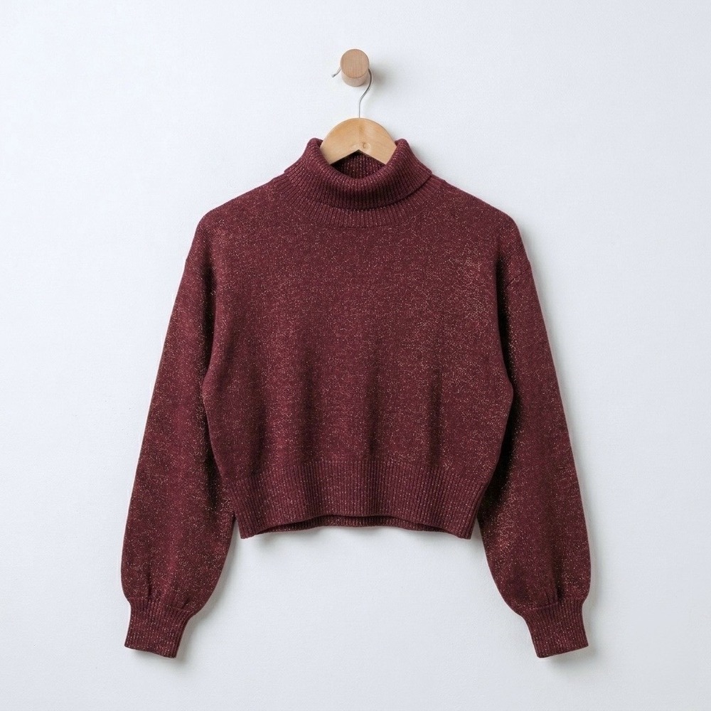 Lulus Sparkling Snuggles Burgundy Gold Metallic Balloon Sleeve Sweater Small